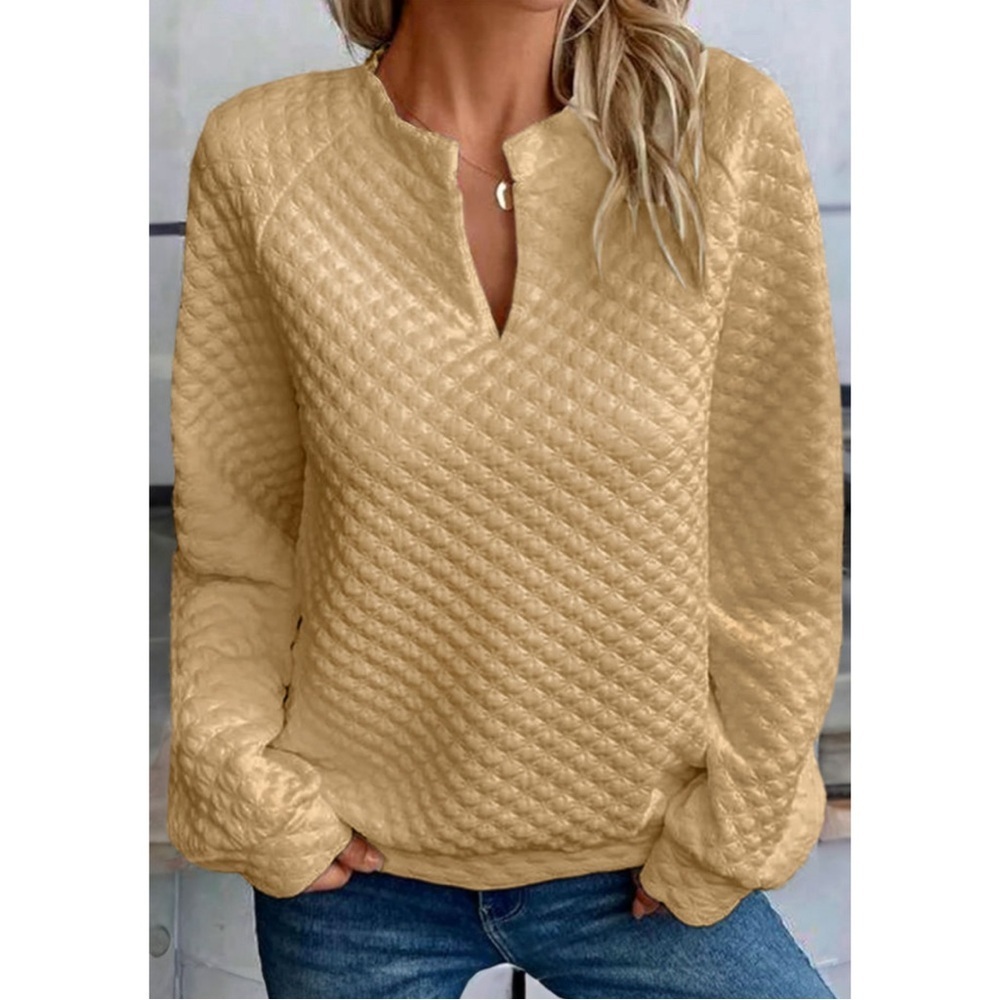 Khaki V-neck Quilted Long Sleeve Top